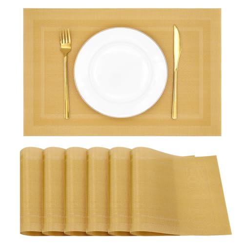 Placemats Set of 6, Heat Resistant Place Mats, Washable PVC Table Mats, Woven Vinyl Placemats, Non-Slip Stain Resistan Plastic Placemats for Table (Gold, 6) - color: Gold