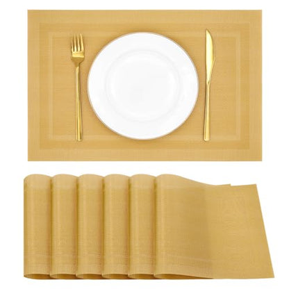 Placemats Set of 6, Heat Resistant Place Mats, Washable PVC Table Mats, Woven Vinyl Placemats, Non-Slip Stain Resistan Plastic Placemats for Table (Gold, 6) - color: Gold