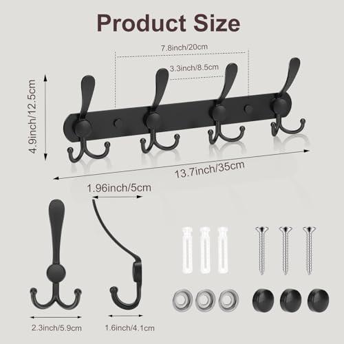YUNISS Coat Rack Wall Mounted，4 Tri Stainless Steel Coat Hook for Coat Hat Robes Towel in Mudroom Entryway (Black, 1 Pack 4) - color: Black, size: 1 Pack 4