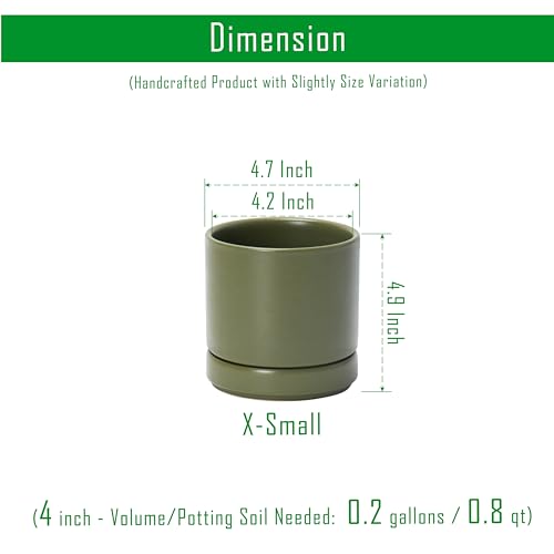 D'vine Dev 4-Pack Ceramic Pots with Saucers, Olive, 4.7 in, 94-X-B-0 | Glazed Ceramic, Drainage Hole and Saucer, Sleek Cylinder Shape, High Temperature Fired, Ideal for Small Houseplants - color: Olive, size: 4.7 Inch