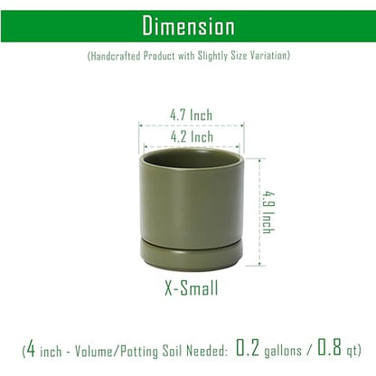 D'vine Dev 4-Pack Ceramic Pots with Saucers, Olive, 4.7 in, 94-X-B-0 | Glazed Ceramic, Drainage Hole and Saucer, Sleek Cylinder Shape, High Temperature Fired, Ideal for Small Houseplants - color: Olive, size: 4.7 Inch