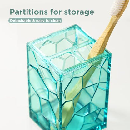 HBlife Bathroom Accessories Set, Acrylic Bathroom Counter Set of 4 | Boho acrylic bathroom decor, 4-pc: holder, soap, tumbler, dish, Easy-clean & rustproofd, Ideal housewarming gift - style: Teal Blue