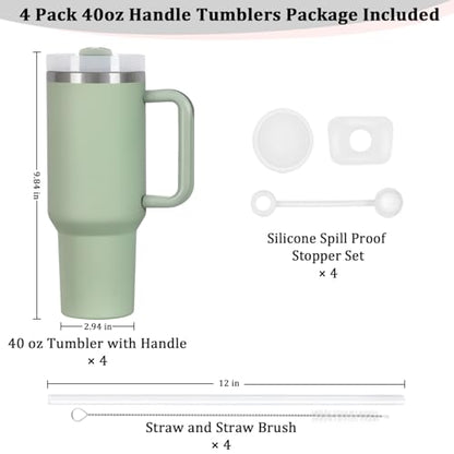 4 Pack 40 Oz Tumbler with Handle Bulk, Double Wall Vacuum Insulated Stainless Steel Tumbler with Lid and Straw, 40 oz cup with Silicone Spill Proof Stopper Set (Dark Green) - color: Dark Green