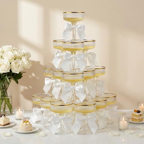 Set of 24 Plastic Champagne Coupe Glasses with Bow 7 oz Gold Champagne Tower Set Stackable Acrylic Ribbed Martini Glasses Cocktail Coupe Cup for Wedding Birthday Party Bar(Ribbon,White) - color: White, style: Ribbon