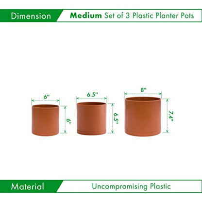 D'vine Dev 3-Pack Plastic Pots & Saucers, 6/6.5/8 in,Terracotta, 74-V-C-3 | Multi-Size Options, Lightweight Durable, Matte Finish, Cylinder Shape, Drainage Holes, Sleek Design, Detachable Saucer - color: Terracotta, size: Medium