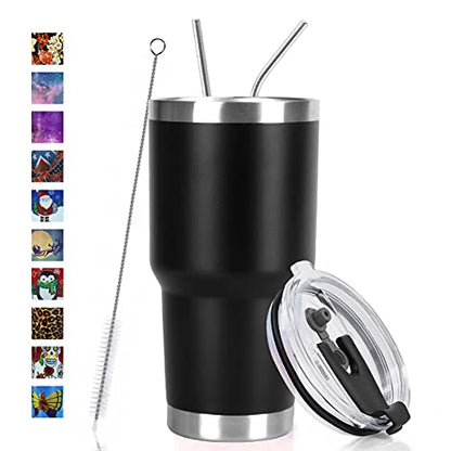 SYACOT 30oz Tumbler Double Wall Stainless Steel Vacuum Insulated Travel Mug with Splash-Proof Lid Metal Straw and Brush - color: Black-30oz