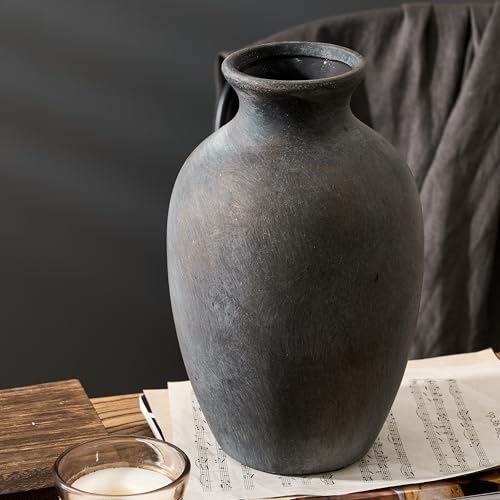 Large Ceramic Rustic Flower Vase, 10.43 Inch Tall Vintage Pottery Home Decor, Farmhouse Terracotta Vase for Living Room, Table, Shelf, Mantel Decoration, Farmhouse - Black Bronze - color: Black Bronze- 10.43"