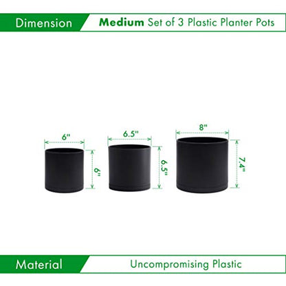 D'vine Dev 3-Pack Plastic Pots & Saucers, 6/6.5/8 in, Black, 74-V-B-3 | Multi-Size Options, Lightweight Durable, Matte Finish, Cylinder Shape, Drainage Holes, Sleek Design, Detachable Saucer - color: Matte Black, size: Medium