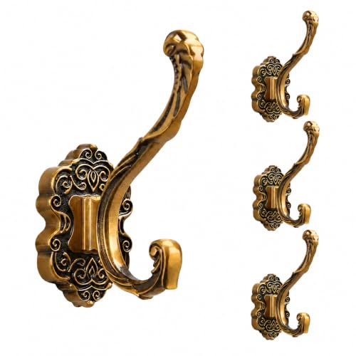 SDH Antique Brass Coat Hooks – Heavy Duty Wall Mounted – Vintage Decorative for Coats, Towels, Keys & Purse – Rust Resistant & Easy Installation Kit Included - Pack of 4 - size: Pack of 4