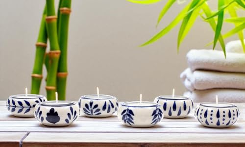 Ceramic Tealight Holder Set of 6 - Hand-Painted Candle Holders with Wax Tealights - Decorative Votive for Home, Party, Wedding, Festive & Gift Décor (White Blue) - ALPHA Living HOME