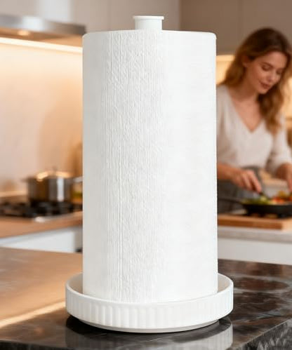 Paper Towel Holder, Ceramic Heavy Plate Base Wobble-Free, Roll Stand-White | Effortless Cleaning and Easy to Assemble, Super Large for Triple Rolls, High End Looking as a Good Gift for Kitchen Island - color: Chic White