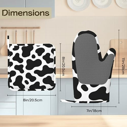 Cow Print Oven Mitts and Pot Holders Set of 4, Heat Resistant Non Slip Kitchen Gloves Hot Pads, Chef Cooking Baking Gifts for Women Bakers, Kitchen Gifts for Cooking Lover Cooks Mom - color: Cow Print