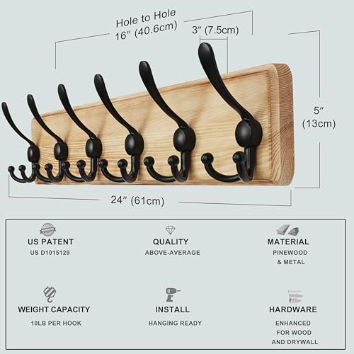 Coat Rack Wall Mounted - 24" Long 6 Tri Hooks, Heavy Duty Wooden Wall Coat Hanger Coat Hook for Clothes Hat Jacket Clothing, Weathered Light Natural and Black - color: Light Brown & Black, size: L=24"