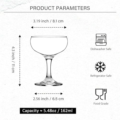 Small Martini Glasses - Coupe Glasses Set of 6 - Clear 5 Ounce Stemmed Cocktail Glasses for Martini, Vodka