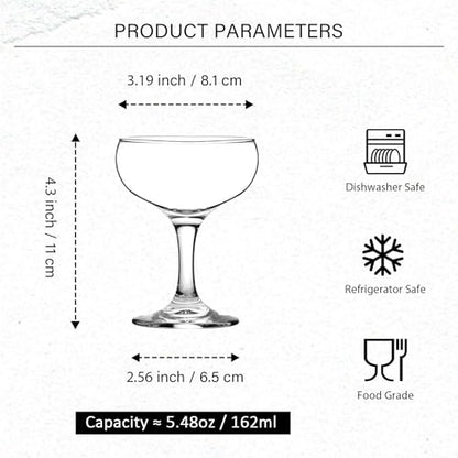 Small Martini Glasses - Coupe Glasses Set of 6 - Clear 5 Ounce Stemmed Cocktail Glasses for Martini, Vodka