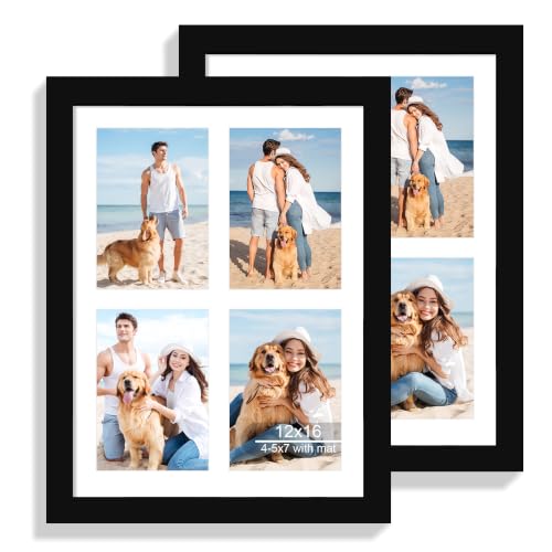 Hongkee 12x16 Frame Set of 2, Display Four 5x7 with Mat - Real Glass Cover | Black Wooden, 12 x 16 Collage Picture Frame - Horizontal or Vertical Wall Mounting, fits Photos, Posters and Art - color: Black, size: 12x16 in matted to 4-5x7