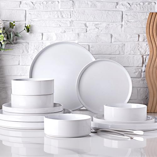 GBHOME Stoneware Dinnerware Sets for 4, 12 Pieces Plates and Bowls Set | Lightweight Ceramic Ribbed Dishes,Reactive Glaze Stackable Plate Set,Scratch Resistant,Microwave Dishwasher Safe, Light - color: Light White