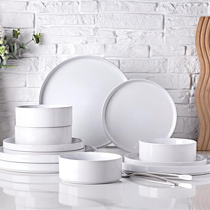 GBHOME Stoneware Dinnerware Sets for 4, 12 Pieces Plates and Bowls Set | Lightweight Ceramic Ribbed Dishes,Reactive Glaze Stackable Plate Set,Scratch Resistant,Microwave Dishwasher Safe, Light - color: Light White