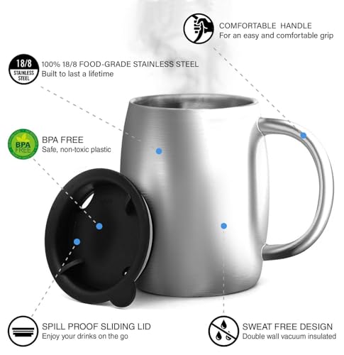 CHILLOUT LIFE Stainless Steel Insulated Coffee Mugs Set of 2 (14oz) – Double Wall Coffee Cups with Spill Resistant Lid & Strong Handle, Shatterproof Cups for Cold Drinks and Hot Beverages - color: Stainless Steel