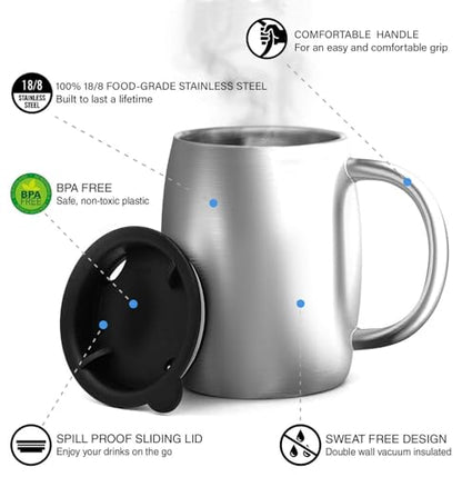 CHILLOUT LIFE Stainless Steel Insulated Coffee Mugs Set of 2 (14oz) – Double Wall Coffee Cups with Spill Resistant Lid & Strong Handle, Shatterproof Cups for Cold Drinks and Hot Beverages - color: Stainless Steel
