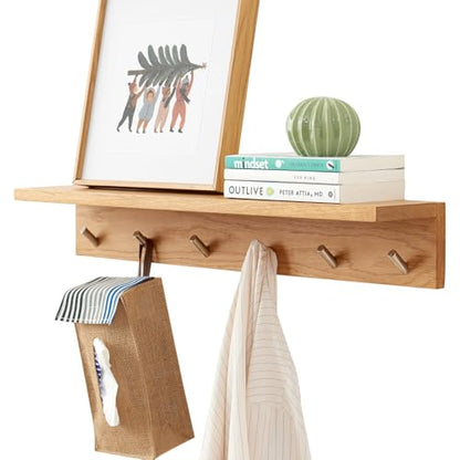 Wall Hooks with Shelf Oak Wood Coat Rack Shelf Wall Mounted, Entryway Shelves with 6 Metal Hangers for Clothes Hats Towel for Bathroom, Bedroom, Living Room (Natural, 27.5 inches) - size: 27.5 inches