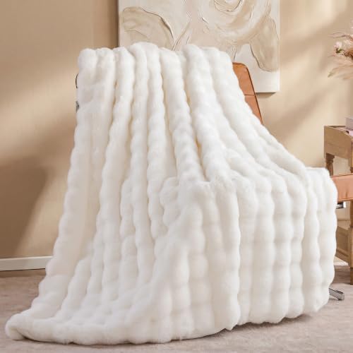 Faux Rabbit Fur Throw for Couch - Cream White Bubble Blanket 60"x80" | Fluffy Plush Fuzzy Throw for Sofa & Bed, Super Soft Cozy Comfrt Blanket, Luxury Aesthetic White Decor Gift for Women - color: Cream, size: Twin(60" x 80")