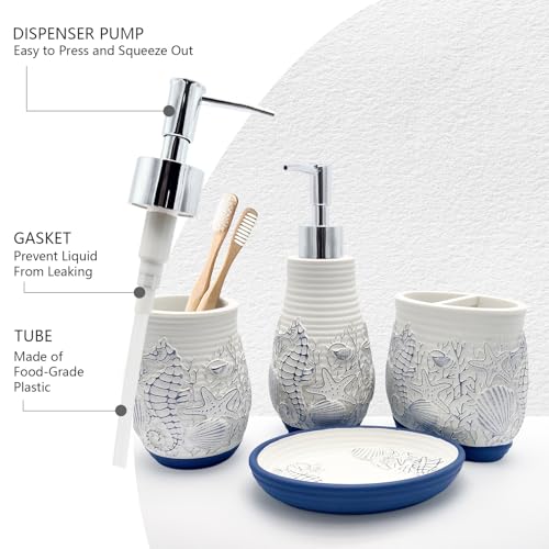 Beach Theme Bathroom Accessory Sets 4PCs Bathroom Set Complete Embossed Seashell Starfish Design Includes Lotion Dispenser Toothbrush Holder Tumbler Cup & Soal Dish - color: White With Blue, size: Soap Dish