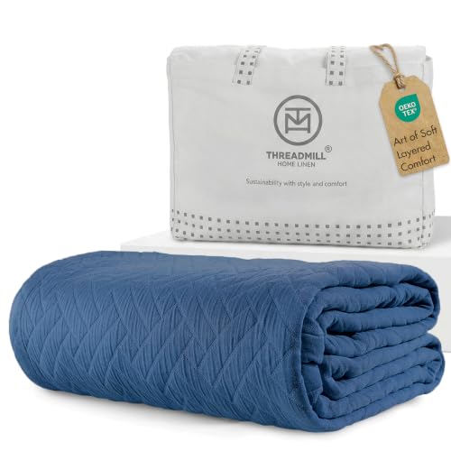 Threadmill Luxury Cotton Blankets for King Size Bed | All-Season Cozy 100% Cotton Blanket | Criss Cross Soft & Lightweight Coverlet fits California King Size Bed, 104x92 | Folkstone Blue | 100% Cotton, Jacquard Pattern, 104x92 in, Moisture-Wicking, All-Se