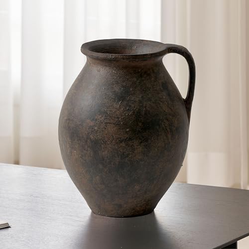 LB2 Brown Ceramic Large Vase, 11.2" Tall Zen Style Vase, Terra Cotta Pitcher, Distressed Farmhouse Decor, Pottery Decorative Flower for Home Decor (D - Brown 11.2") - color: F - Brown 11.2"