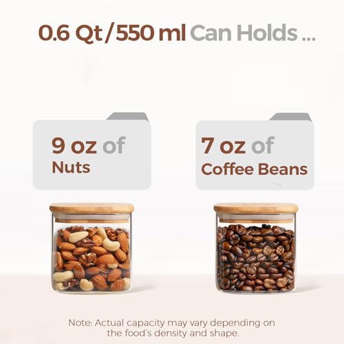 ComSaf Square Glass Containers With Lids 0.6 Qt, Set of 6 Small Galss Jars | Small Glass Canisters, Spice Jar, Pantry Organization, Snack, Cookie, Coffee Bar Organization, Size For Subpackage, BPA Free - size: 0.6Qt*6