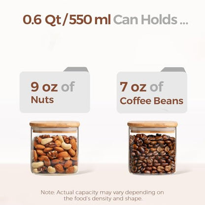 ComSaf Square Glass Containers With Lids 0.6 Qt, Set of 6 Small Galss Jars | Small Glass Canisters, Spice Jar, Pantry Organization, Snack, Cookie, Coffee Bar Organization, Size For Subpackage, BPA Free - size: 0.6Qt*6