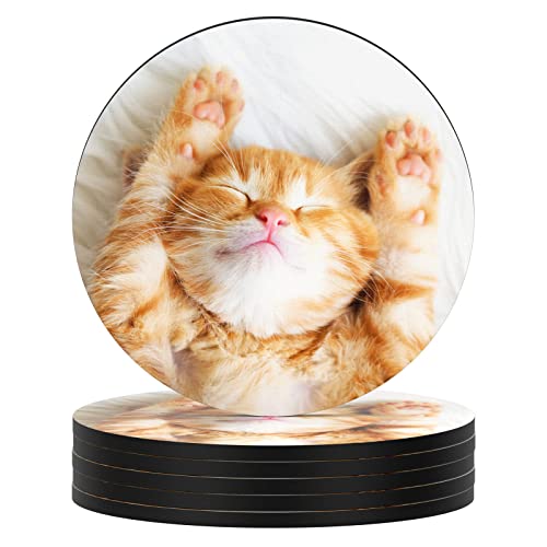 Coasters for Drinks, Set of 6 Absorbent Rubber Drink Coasters for Cup | Set of 6 Cute Absorbent Rubber Drink Coasters for Cup with Non Slip Backing, Kitchen Home Decor Housewarming Gift, Round 4 in - color: Cute Cat