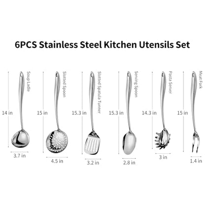 304 Stainless Steel Kitchen Utensils Set, 6 Pcs Long Metal Cooking Utensil with Spatula, Solid Spoon, Ladle, Skimmer, Spaghetti Spoon, Meat Fork, Dishwasher Safe - size: 6PCS-Silver-Style A