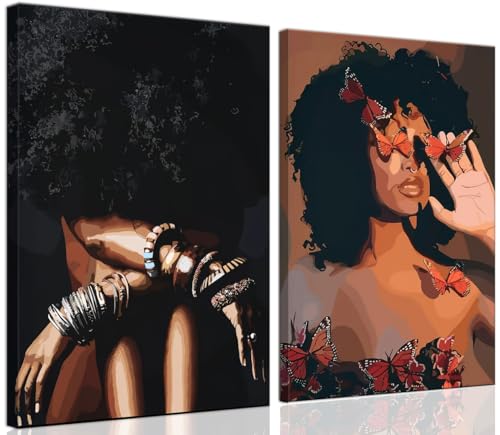 Framed Modern Abstract African American Women Wall Art (Set of 2), Canvas HD Print, Bohemian Black Girl with Energetic Butterfly Decor, Black Inspirational Contemplative Poster, Meditation Inspirational & Trendy Prints, Living Room, Bedroom, Bathroom, Off