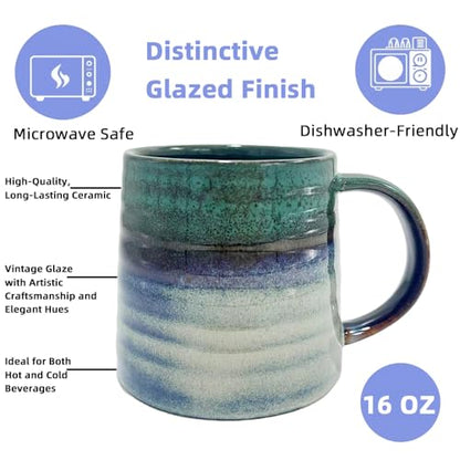 Handmade Ceramic Coffee Mug – 16oz Large Pottery Tea Cup with Wide Bottom & Transmutation Glaze, Microwave & Dishwasher Safe for Home or Office (Grey Blue) - color: Grey Blue