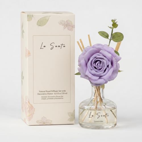Lavender Reed Diffuser Set 8.5oz / 250ml | Long Lasting Flameless Home Fragrance, Elegant Glass Bottle, Decorative Flower & Natural Reeds - color: Purple Lavender
