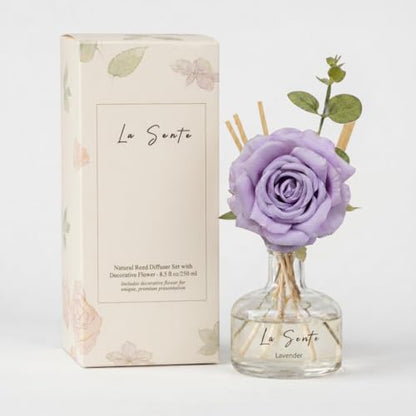 Lavender Reed Diffuser Set 8.5oz / 250ml | Long Lasting Flameless Home Fragrance, Elegant Glass Bottle, Decorative Flower & Natural Reeds - color: Purple Lavender