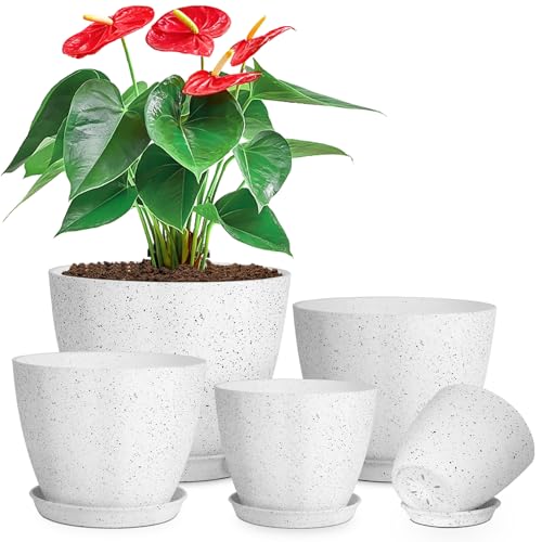 lokeisna 5 Pcs Plant pots, 7.5/6.5/5.7/4.9/4.1 inch Pots for Plants, Flower Pot Indoor Modern Decorative Plant Pot, Plant Pots Indoor with Drainage and Saucer for All House Plants, Spray Spots - color: Drainage Set of 5 White