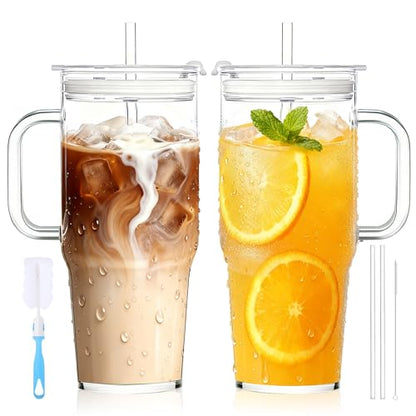 Birity 2Pack 40OZ Glass Tumbler with Handle,Glass Cup with Lid and Straw,Reusable Glass Iced Coffee Cup for Beer, Smoothies, Juice,Hot/Cold Drinks-Suitable for Birthday,Wedding - color: 40 oz 2-pack borosilicate