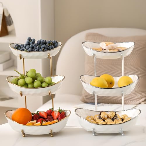White Fruit Bowl with Silver Metal Stand, 3 Tier Modern Ceramic Fruit Bowl Fruit Rack for Kitchen Counter, Tiered Fruit Basket for Snacks Bread Candy Storage (White B,3 Tier) - color: White B,3 Tier