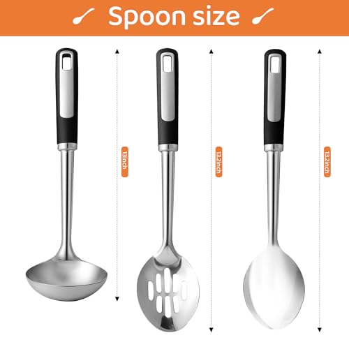 Stainless Steel Serving Spoon Set with Heat-Resistant Handles,3-Piece | Includes a serving spoon, slotted spoon, and deep soup ladle with ergonomic heat-resistant handles for cooking and serving.