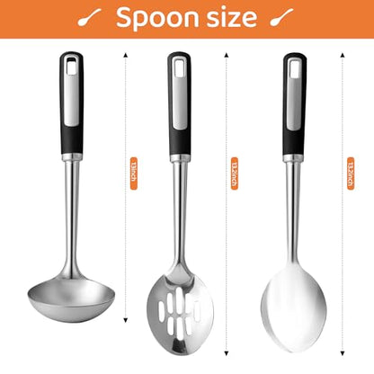 Stainless Steel Serving Spoon Set with Heat-Resistant Handles,3-Piece | Includes a serving spoon, slotted spoon, and deep soup ladle with ergonomic heat-resistant handles for cooking and serving.