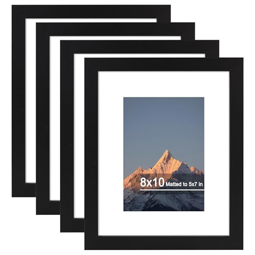 8x10 Picture Frame Set of 4 with Real Glass, Wall & Tabletop Display | Fits 5x7 with Mat or 8x10 without Mat, Crystal-Clear Viewing for Family Photos and Gallery Walls, Black - color: Black, size: 8x10 in