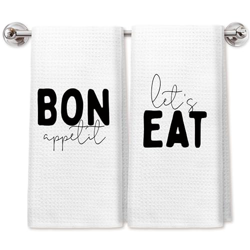 Modern Black and White Kitchen Towels, Mid Century Minimalist Neutral Dish Tea Towels for Kitchen Decor, Bon Appetit Let's Eat French Quote Decorative Hand Towels, 16x24 Inch Set of 2 - color: Kitchen-045