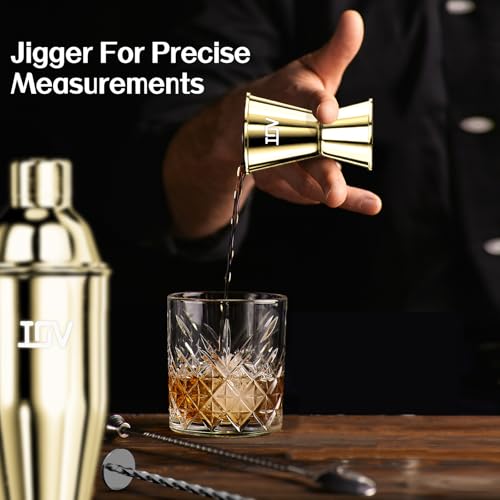 IOV Cocktail Shaker Bar Set, 24oz Martini Shaker with Built-in Strainer, Bar Tool Kit with Recipes Booklet, Professional Stainless Steel Large Bartender Drink Shaker Margarita Alcohol Mixer- Gold - color: 3 Pcs - Gold