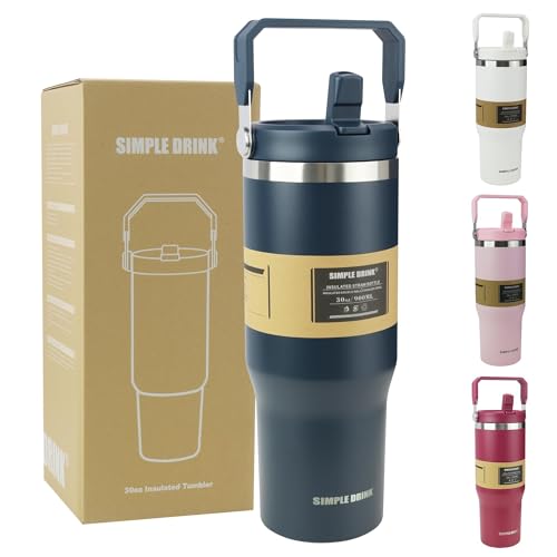 30oz Flip Straw Insulated Water Bottle with Handle, Leak Proof Stainless Steel Tumbler, Double Wall Vacuum Travel Coffee Mug for Cold Drinks, Gym Office Travel Essentials - color: Midnight Blue