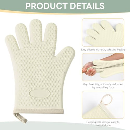 1 Pair Oven Mitts, Heat Resistant Protective Oven Gloves, Cotton Lined Silicone Kitchen Mitts Pair, Nonslip Silicone Cooking Gloves with Fingers (White) - color: White