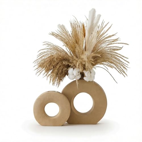 2 Pcs Donut Vase for Pampas Grass, Modern Ceramic Vase Set, Boho Circular Hollow Vases for Home Decor, Minimalist Dried Flower Vase for Living Room Office Table Shelf Decor, Beige