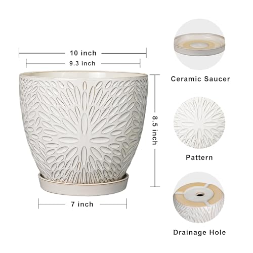 G EPGardening 10 Inch Ceramic Planter Pot, White | Drainage Hole and Saucer, Large Plant Pot, Indoor Plants Outdoor, Round Flower Pot, For Home Garden Office - size: 10 Inch