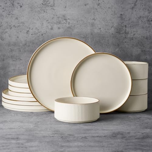 Famiware Plates and Bowls Set with Rim, Stoneware Dinnerware Sets for 4 | 12-Piece Ceramic Dishes with Lipped Edges, Chip & Scratch Resistant, Microwave & Dishwasher Safe, Everyday Formal Use, Cream - color: Cream, size: Service for 4